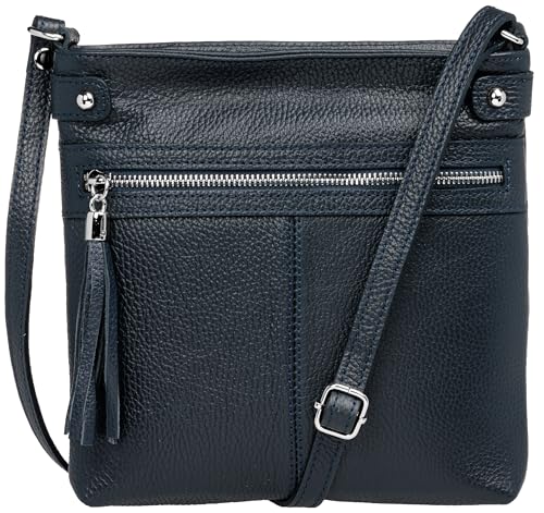 Caspar mittelgroße Leder Crossbody Messenger Bag Umhängetasche klassisch sportliche Damen Tasche - CLASSIC LINE - Modell No.825 - Made in Italy, Farbe:dunkelblau von Caspar
