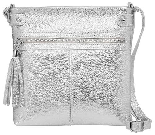 Caspar mittelgroße Leder Crossbody Messenger Bag Umhängetasche klassisch sportliche Damen Tasche - CLASSIC LINE - Modell No.825 - Made in Italy, Farbe:silber metallic von Caspar