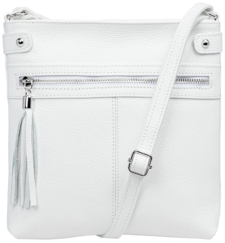 Caspar mittelgroße Leder Crossbody Messenger Bag Umhängetasche klassisch sportliche Damen Tasche - CLASSIC LINE - Modell No.825 - Made in Italy, Farbe:weiß von Caspar