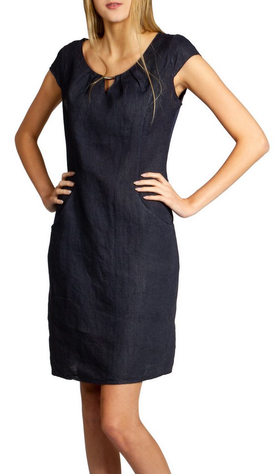 Caspar Sommerkleid SKL020 knielanges Damen Sommer Leinenkleid mit eleganter Metallspange Luftig leicht, figurumspielende Form, mit seitlichem Jersey-Einsatz von Caspar