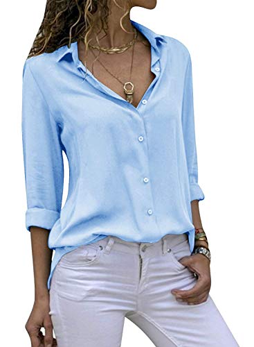 Cassiecy Damen Bluse Chiffon Elegant V-Ausschnitt Langarm Casual Oberteile Hemd Lose Langarmshirt Tops (M, Hellblau-2) von Cassiecy