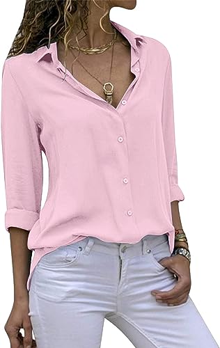 Cassiecy Damen Bluse Chiffon Elegant V-Ausschnitt Langarm Casual Oberteile Hemd Lose Langarmshirt Tops (M, Rosa) von Cassiecy