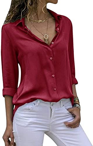 Cassiecy Damen Bluse Chiffon Elegant V-Ausschnitt Langarm Casual Oberteile Hemd Lose Langarmshirt Tops (M, Weinrot-2) von Cassiecy