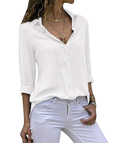 Cassiecy Damen Bluse Chiffon Elegant V-Ausschnitt Langarm Casual Oberteile Hemd Lose Langarmshirt Tops (M, Weiß) von Cassiecy