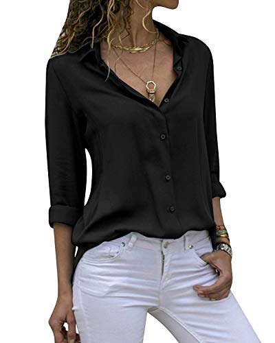 Cassiecy Damen Bluse Chiffon Elegant V-Ausschnitt Langarm Casual Oberteile Hemd Lose Langarmshirt Tops (Schwarz, XXL) von Cassiecy