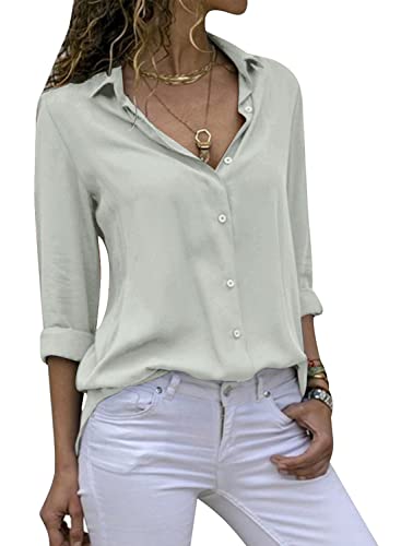 Cassiecy Damen Bluse Chiffon Elegant V-Ausschnitt Langarm Casual Oberteile Hemd Lose Langarmshirt Tops (XL, Hellgrau) von Cassiecy