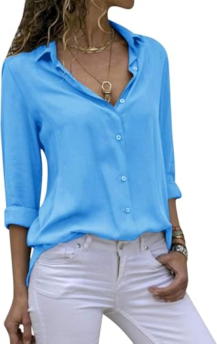 Cassiecy Damen Bluse Chiffon Elegant V-Ausschnitt Langarm Casual Oberteile Hemd Lose Langarmshirt Tops (XXL, Blau-3) von Cassiecy