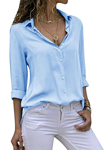 Cassiecy Damen Bluse Chiffon Elegant V-Ausschnitt Langarm Casual Oberteile Hemd Lose Langarmshirt Tops (XXL, Himmelblau) von Cassiecy