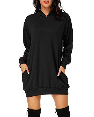 Cassiecy Damen Hoodie Kleid Pullover Langarm Sweatshirts Kapuzenpullover Tops Herbst Mini Kleid (Schwarz,L) von Cassiecy