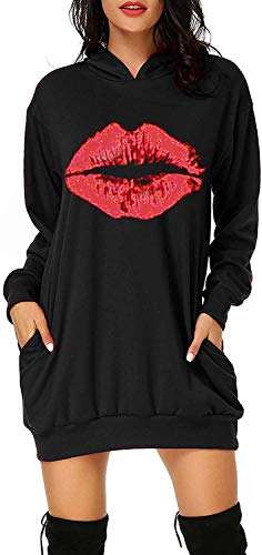 Cassiecy Damen Hoodie Kleid Pullover Langarm Sweatshirts Kapuzenpullover Tops Herbst Mini Kleid (rote Lippen,XL) von Cassiecy