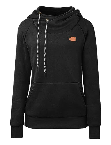 Cassiecy Hoodie Damen Winter Langarm Stehkragen Kapuzenpullover Warme Casual Pullover Hoody mit Kapuze（Schwarz, 2XL von Cassiecy