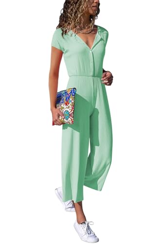 Cassiecy Jumpsuit Damen Elegant Kurzarm Playsuit V-Ausschnitt Casual Lose Overalls Lang Romper(L, Grün-2 von Cassiecy