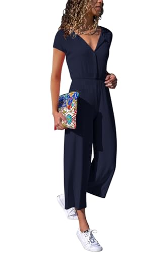 Cassiecy Jumpsuit Damen Elegant Kurzarm Playsuit V-Ausschnitt Casual Lose Overalls Lang Romper（Marineblau,M） von Cassiecy