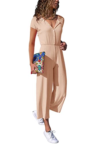 Cassiecy Jumpsuit Damen Elegant Kurzarm Playsuit V-Ausschnitt Casual Lose Overalls Lang Romper (Champagner,XL) von Cassiecy