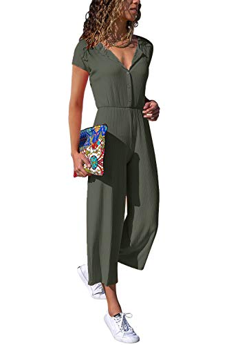 Cassiecy Jumpsuit Damen Elegant Kurzarm Playsuit V-Ausschnitt Casual Lose Overalls Lang Romper (L, Grün) von Cassiecy