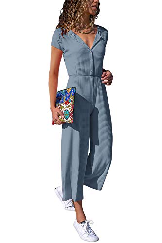 Cassiecy Jumpsuit Damen Elegant Kurzarm Playsuit V-Ausschnitt Casual Lose Overalls Lang Romper (ZY2-Blau,L) von Cassiecy