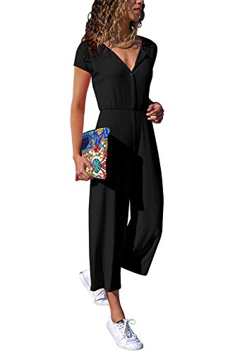 Cassiecy Jumpsuit Damen Elegant Kurzarm Playsuit V-Ausschnitt Casual Lose Overalls Lang Romper (L, Z-Schwarz) von Cassiecy