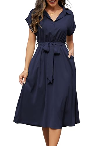 Cassiecy Kleider Damen Sommer Knielang Kurzarm Blusenkleid Elegant V-Ausschnitt Midikleid Casual Wickelkleid Strandkleid mit Taschen（S,Marineblau） von Cassiecy