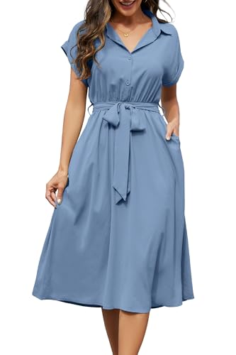 Cassiecy Sommerkleid Damen Knielang Kurzarm Blusenkleid Elegant V-Ausschnitt Midikleid Casual Wickelkleid Strandkleid mit Taschen（ Blau,L） von Cassiecy