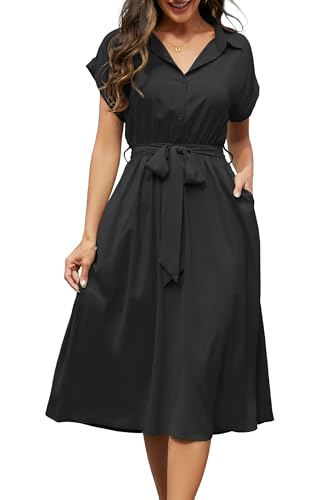 Cassiecy Sommerkleid Damen Knielang Kurzarm Blusenkleid Elegant V-Ausschnitt Midikleid Casual Wickelkleid Strandkleid mit Taschen（ Schwarz,L） von Cassiecy