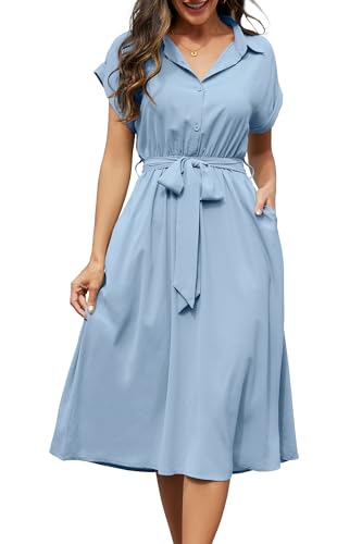 Cassiecy Kleid Damen Frühling Kurzarm Blusenkleid Elegant V-Ausschnitt Midikleid Casual Wickelkleid Strandkleid mit Taschen（L,Blau） von Cassiecy