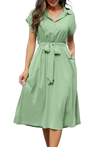 Cassiecy Sommerkleid Damen Knielang Kurzarm Blusenkleid Elegant V-Ausschnitt Midikleid Casual Wickelkleid Strandkleid mit Taschen（L,Grün） von Cassiecy