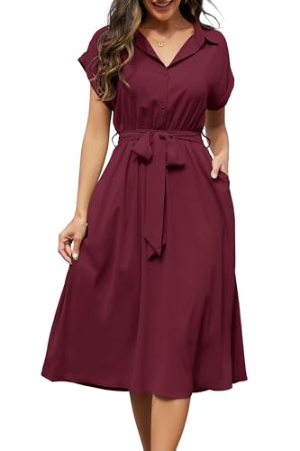 Cassiecy Sommerkleid Damen Knielang Kurzarm Blusenkleid Elegant V-Ausschnitt Midikleid Casual Wickelkleid Strandkleid mit Taschen（S,Weinrot） von Cassiecy