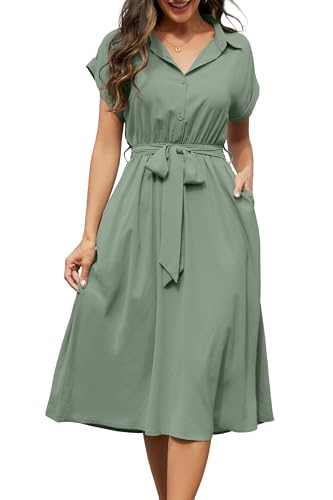 Cassiecy Sommerkleid Damen Knielang Kurzarm Blusenkleid Elegant V-Ausschnitt Midikleid Casual Wickelkleid Strandkleid mit Taschen（XXL,Grün） von Cassiecy