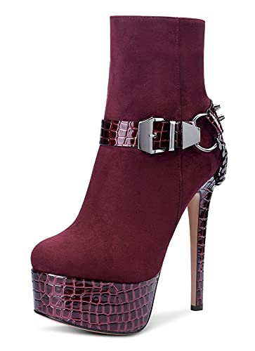 Castamere Damen Mode-Stiefel Knöchelhoch Boots Plattform Stilettos 15CM Plateau Stiefeletten Rot Burgund Wildleder Schuhe EU 38 von Castamere