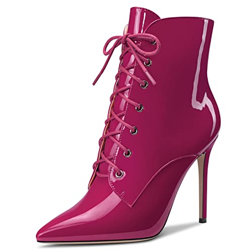 Castamere Damen Stiletto Hoher High Absatz Heel Reißverschluss Spitze Zehenkappe Stiefeletten Schnüren Schnürung Dress Sexy Büroschuhe 10CM Stiefel Magenta Rot 44 EU von Castamere