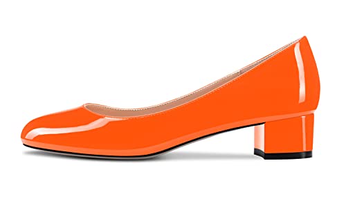 Castamere Chunky Blockabsatz Niedrige Kitten Absatz Heel Runde Geschlossene Zehenkappe Pumps Slip-on Cute Klassisch Dress Schuhe Orange Lackleder 40 EU von Castamere