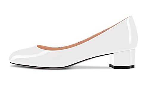 Castamere Chunky Blockabsatz Niedrige Kitten Absatz Heel Runde Geschlossene Zehenkappe Pumps Slip-on Cute Klassisch Dress Schuhe Weiß Lackleder 36 EU von Castamere
