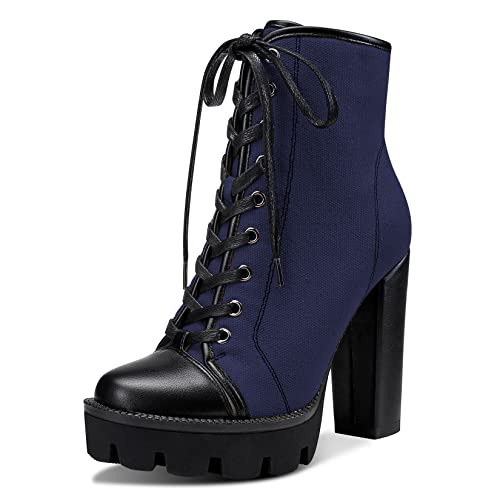 Castamere Damen Blockabsatz Hoher High Absatz Plateau Plattform Stiefeletten Runde Zehenkappe Schnüren Schnürung Reißverschluss Stiefel Navy Blau 37 EU von Castamere