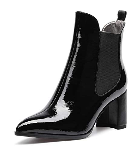 Castamere Damen Blockabsatz Stiefeletten Chelsea Boots Mittel Heel 7.5CM Lackleder Schwarz Stiefe EU 38.5 von Castamere
