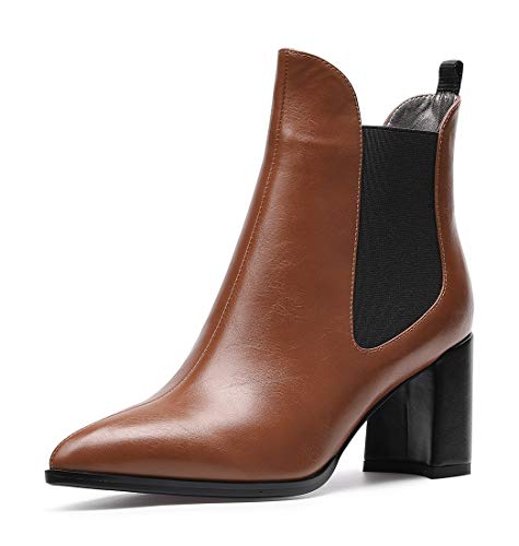 Castamere Damen Blockabsatz Stiefeletten Chelsea Boots Mittel Heel 7.5CM PU Braun Stiefe EU 37.5 von Castamere