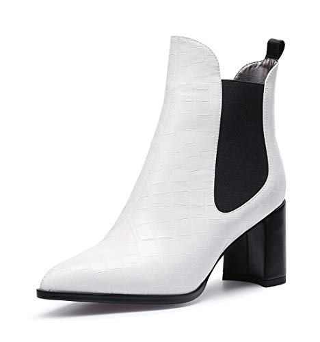 Castamere Damen Blockabsatz Stiefeletten Chelsea Boots Mittel Heel 7.5CM PU Weiß Stiefe EU 38.5 von Castamere