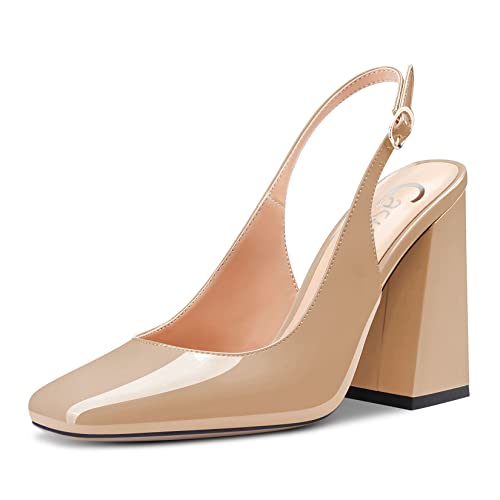 Castamere Damen Chunky Blockabsatz Hoher High Absatz Heel Eckige Zehenkappe Slingback Pumps Slip-on Clear Dress Sandalen 10 CM Heels Beige 39 EU von Castamere