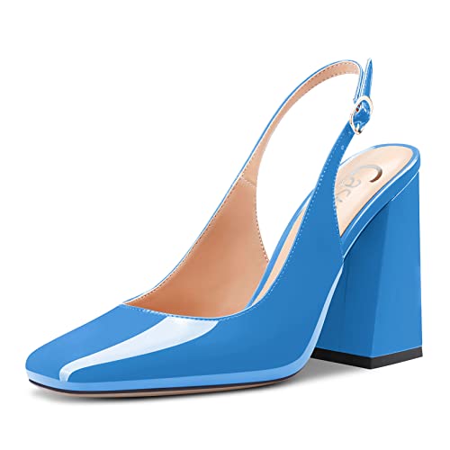 Castamere Damen Chunky Blockabsatz Hoher High Absatz Heel Eckige Zehenkappe Slingback Pumps Slip-on Clear Dress Sandalen 10 CM Heels Blau 40 EU von Castamere