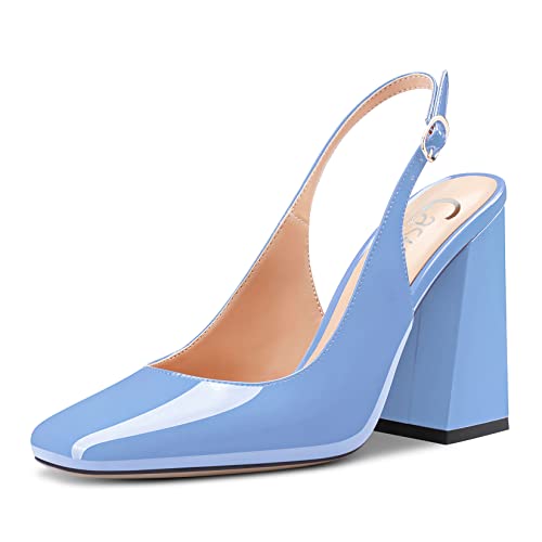 Castamere Damen Chunky Blockabsatz Hoher High Absatz Heel Eckige Zehenkappe Slingback Pumps Slip-on Clear Dress Sandalen 10 cm Heels Hellblau 37 EU von Castamere