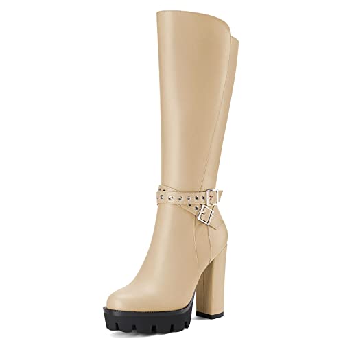 Castamere Damen Chunky Blockabsatz Hoher High Absatz Heel Geschlossene Runde Zehenkappe Mid Calf Reißverschluss Schnalle Büroschuhe Klassisch Stiefel Beige 44 EU von Castamere