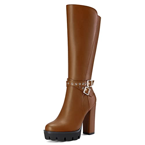 Castamere Damen Chunky Blockabsatz Hoher High Absatz Heel Geschlossene Runde Zehenkappe Mid Calf Reißverschluss Schnalle Büroschuhe Klassisch Stiefel Braun 39 EU von Castamere