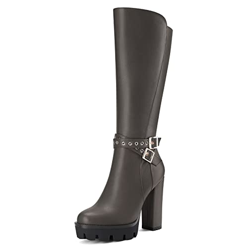 Castamere Damen Chunky Blockabsatz Hoher High Absatz Heel Geschlossene Runde Zehenkappe Mid Calf Reißverschluss Schnalle Büroschuhe Klassisch Stiefel Metallisch 41 EU von Castamere