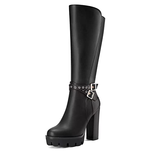 Castamere Damen Chunky Blockabsatz Hoher High Absatz Heel Geschlossene Runde Zehenkappe Mid Calf Reißverschluss Schnalle Büroschuhe Klassisch Stiefel Schwarz 44 EU von Castamere