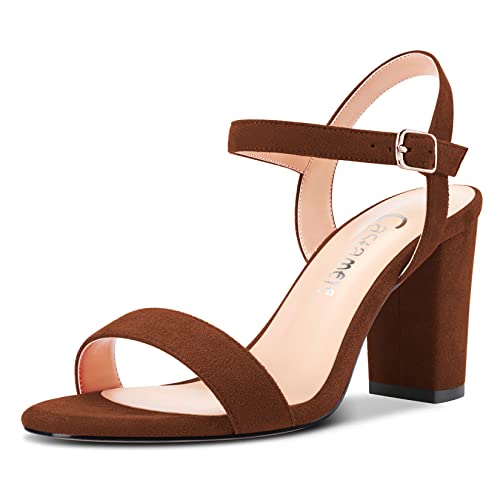Castamere Damen Chunky Blockabsatz Hoher High Absatz Heel Knöchelriemen Sandalen Peep Open Zehenkappe Schnalle Hochzeit Büroschuhe Dress 8.5 CM Heels Braun Wildleder 39 EU von Castamere
