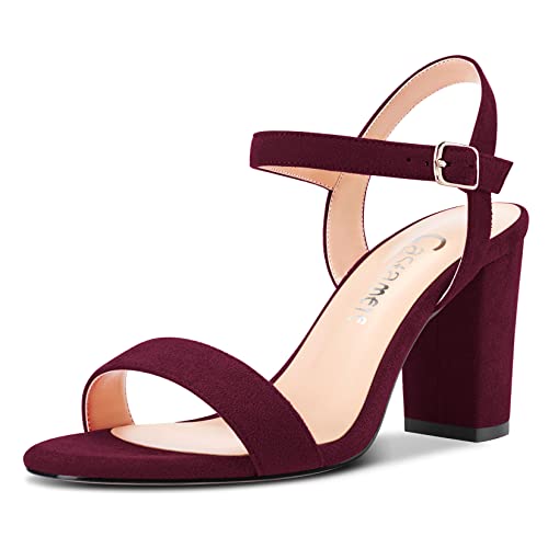 Castamere Damen Chunky Blockabsatz Hoher High Absatz Heel Knöchelriemen Sandalen Peep Open Zehenkappe Schnalle Hochzeit Büroschuhe Dress 8.5 CM Heels Burgund Rot 42 EU von Castamere