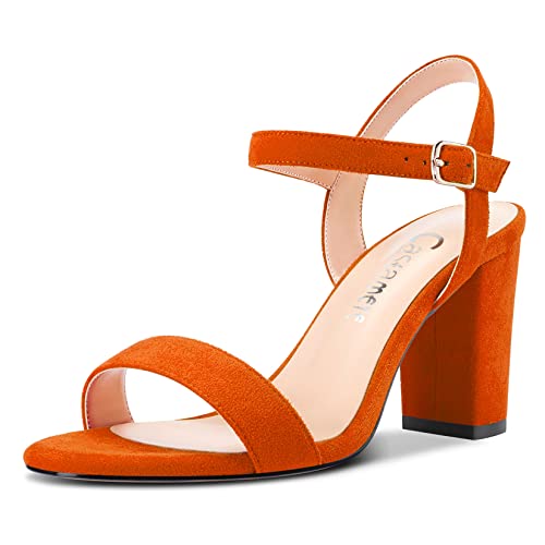 Castamere Damen Chunky Blockabsatz Hoher High Absatz Heel Knöchelriemen Sandalen Peep Open Zehenkappe Schnalle Hochzeit Büroschuhe Dress 8.5 CM Heels Orange Wildleder 40 EU von Castamere