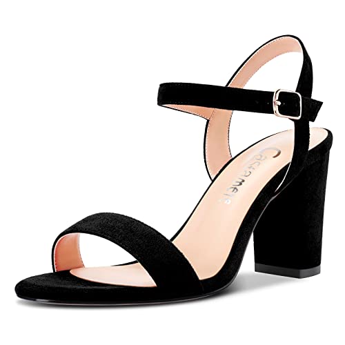 Castamere Damen Chunky Blockabsatz Hoher High Absatz Heel Knöchelriemen Sandalen Peep Open Zehenkappe Schnalle Hochzeit Büroschuhe Dress 8.5 CM Heels Schwarz Wildleder 38 EU von Castamere