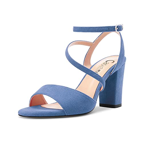 Castamere Damen Chunky Blockabsatz Hoher High Absatz Heel Peep Open Zehenkappe Knöchelriemen Sandalen Dress Hochzeit 8 CM Heels Blau Wildleder 41 EU von Castamere