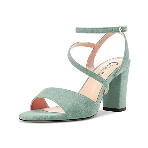 Castamere Damen Chunky Blockabsatz Hoher High Absatz Heel Peep Open Zehenkappe Knöchelriemen Sandalen Dress Hochzeit 8 CM Heels Grün Wildleder 38 EU von Castamere
