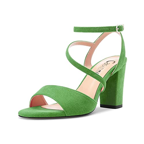 Castamere Damen Chunky Blockabsatz Hoher High Absatz Heel Peep Open Zehenkappe Knöchelriemen Sandalen Dress Hochzeit 8 CM Heels Grün Wildleder A 39 EU von Castamere